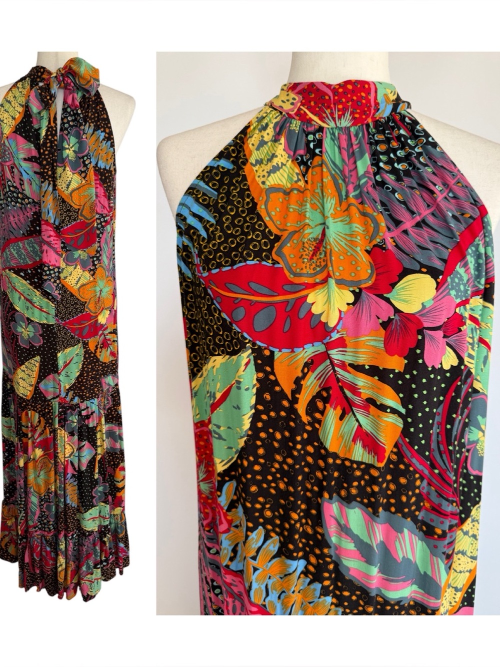 Vince Camuto Tropical Halter Maxi Dress Tiered Resort Vacation Medium